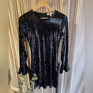 Michael Kors Black Sequin Dress XS bell sleeve cuff mini dress bodycon party